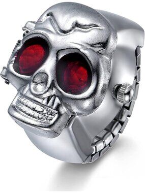 Unisex Silver And Red Analog Punk Skull Flip-Open Adjustable Finger Ring Watch